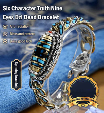 🎁Turquoise Dzi Bead Bracelet with Six-Character and Nine-Eyed Mantra