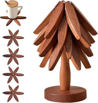 🎅Xmas Sales - 50% OFF🎄✨Natural Tree Trivet Set - 4 Wooden Trivets & 1 Stand Like a Christmas Tree