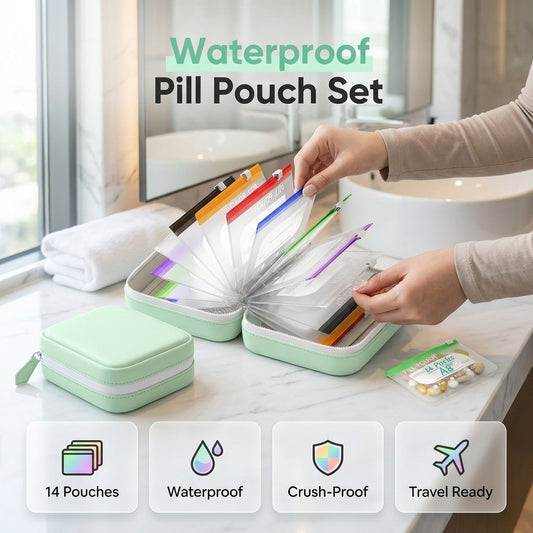 🥳 2026 HOT SALE 50% OFF! 💊 A8 Waterproof Pill Pouch Set – 65K+ SOLD! 14 Color-Coded Pouches, Waterproof & Crush-Proof Shell – Holds 7-14 Days of Meds 🗓️✨
