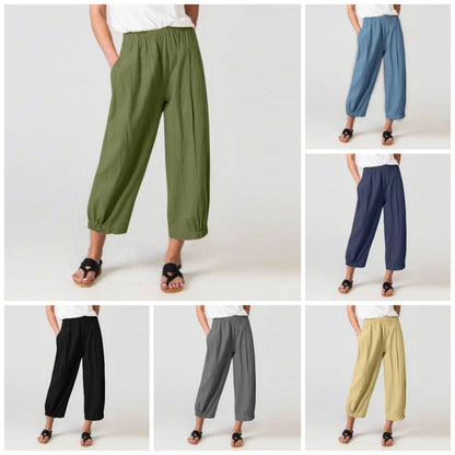 💓New Hot Sales - Solid Elastic Women's Pants Waist Stitching Cropped Color Straight