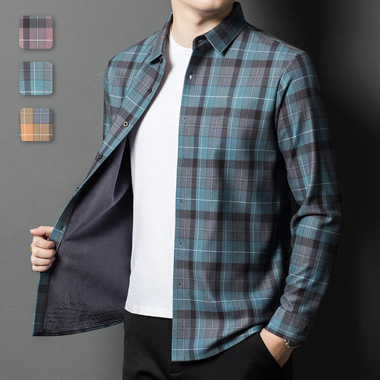 Men's Long Sleeve Warm Plush-Lined Plaid Shirt