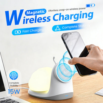 15W Snail-Shaped Magnetic Wireless Charging Station with Night Light
