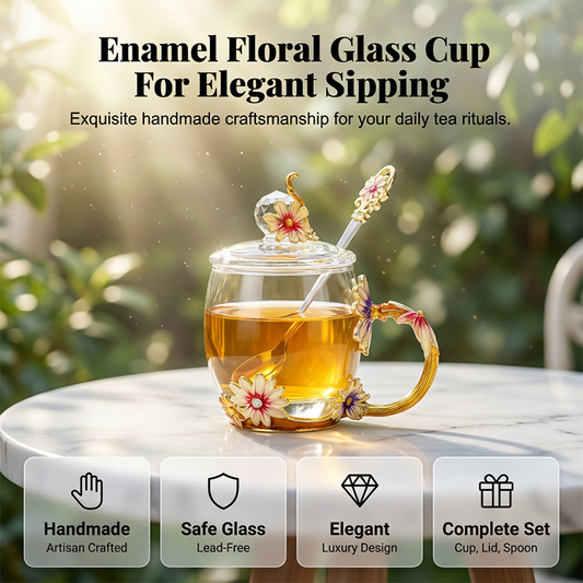 Elegant Enamel Floral Glass Cup and Saucer Set