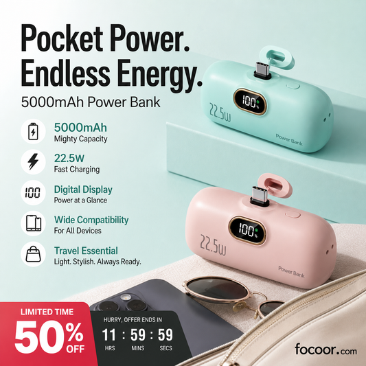 🎉 Limited Time Promotion 50% OFF — Over 46,000 Sold! 🔋 5000mAh Mini Portable Power Bank – 22.5W Fast Charging & Digital Display ⚡（副本）